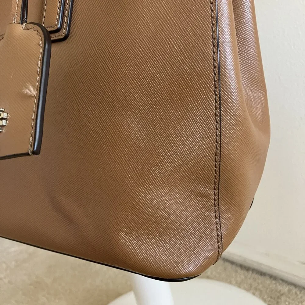 Tory Burch Double Zipper Beige/Tan Leather Tote Bag Top Handle & Strap - Picture 11 of 15